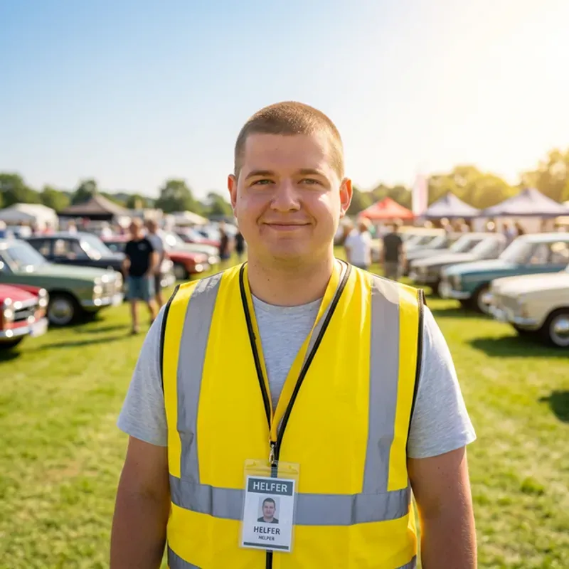 Niklas im Einsatz mit Warnweste und Helfer-Ausweis